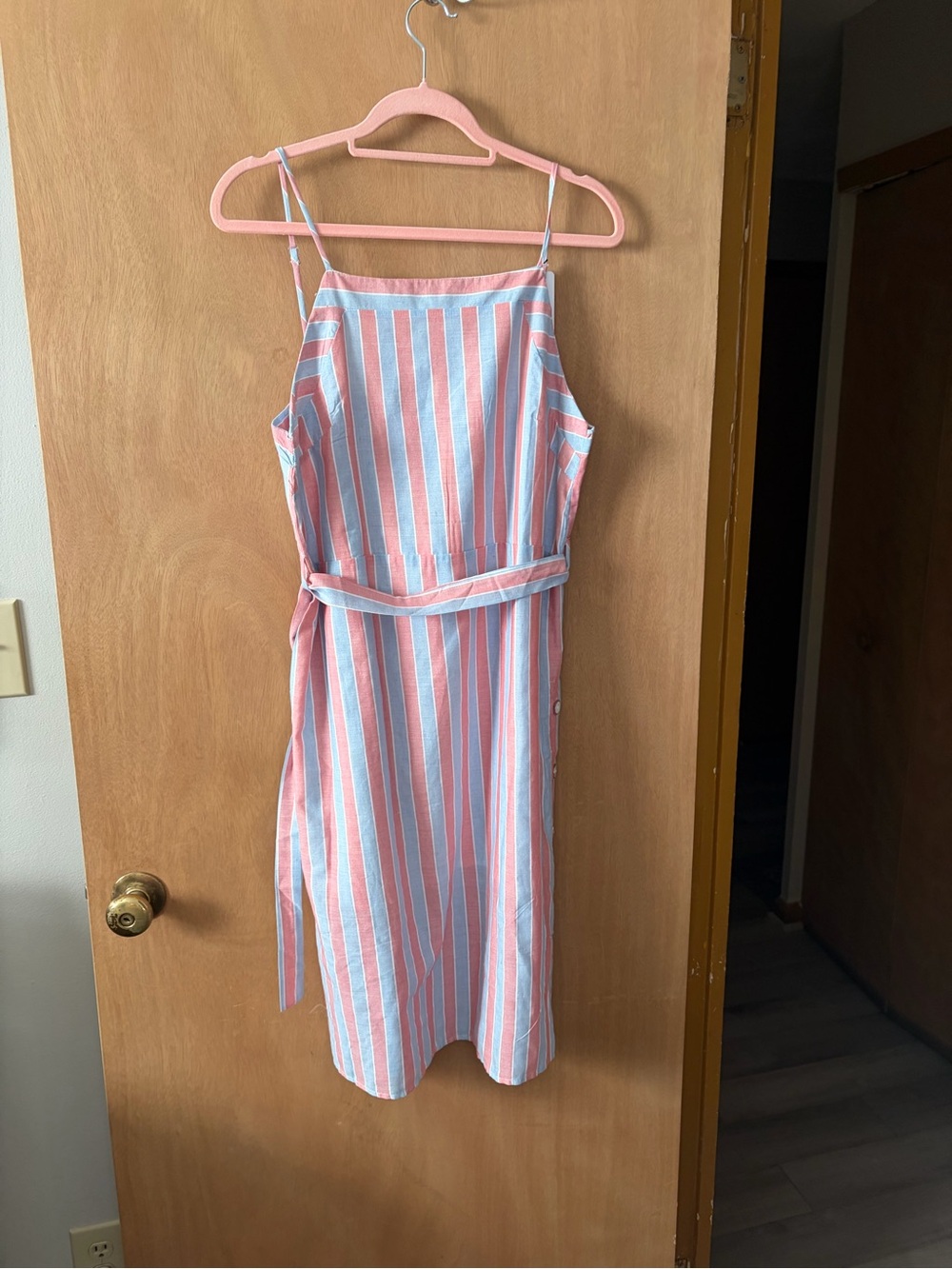 Sleeveless Pink and White Striped Midi Dress with Waist Tie